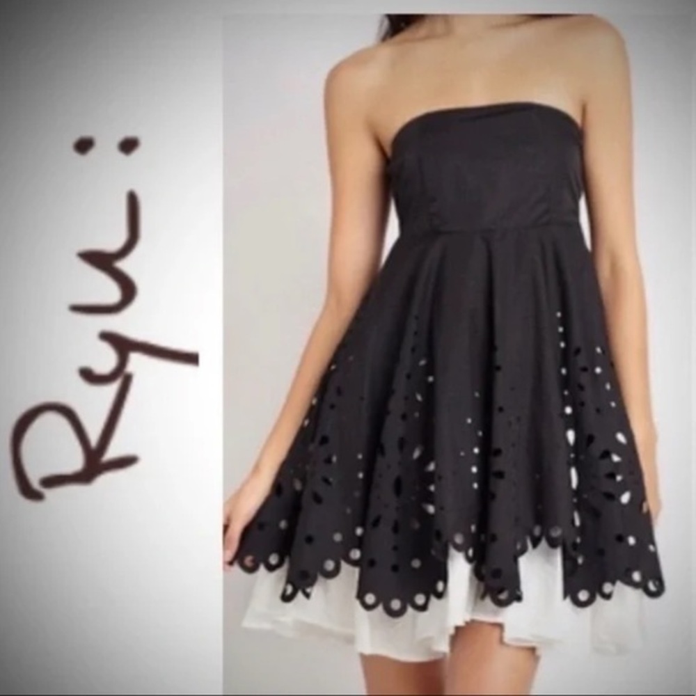 RYU Anthropologie Black &Tan Laser Cut Empire Waist Women's Strapless Dress Sz M